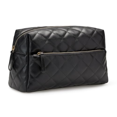 Amazon Essentials Quilted Travel Makeup Bag with Mesh Compartments, Black Faux Leather