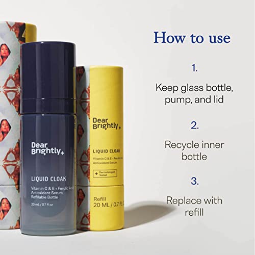 Vitamin C Serum with Ferulic Acid and Vitamin E for Glowing Radiant Skin by Dear Brightly, Liquid Cloak Facial Serum for Sensitive Skin, Refillable Glass Bottle, 0.7 fl oz