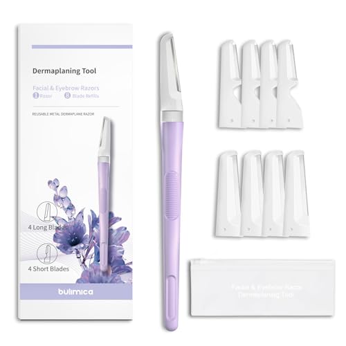 Dermaplane Razor for Women Face, Precision Face Razors for Women, Dermaplaning Tool, Gentle Exfoliation, Perfectly Shape Brows, Reusable Metal Handle with 8 Microblades, Purple