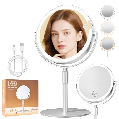Makeup Mirror with Magnification (1X/10X), 8" Round Magnifying Vanity Mirror with Lights, Cordless Double Sided Light Weight Aluminum Alloy - Gifts Idea