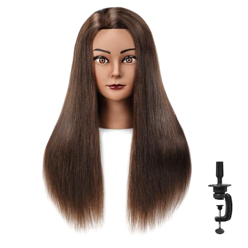 POLRISLY Dark Brown Human Hair Mannequin Head for Hairdressing 20-22 inches