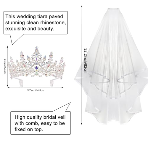 KICOSY Sliver Wedding Crowns Veils for Women, Bride Wedding Tiara Adult White Veils Bridal Headband Hair Accessories, Princess Decorations for Girls Crystal Crown for Bachelorette Bridal Party