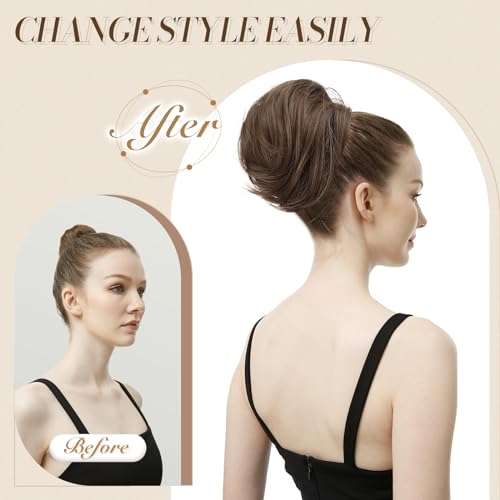 FESHFEN Hair Bun Hairpiece Fully Short Ponytail Bun Hair Chignon with Comb Clip Bun Updo Drawstring Bun Synthetic Highlight Hair Pieces Extension for Women, Gray and White Tips