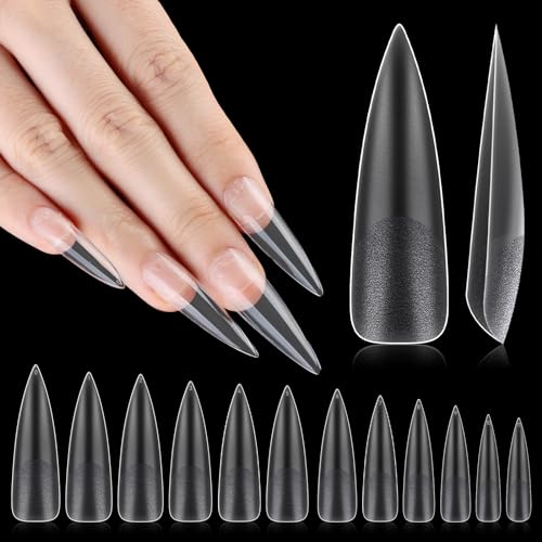 INENK No C Curve XXL Stiletto Nail Tips, Full Matte Clear Full Cover, Stiletto Flat Tips for Acrylic Nails Art Design, Salons, Home DIY Nail Extension(12 Sizes 240PCS)