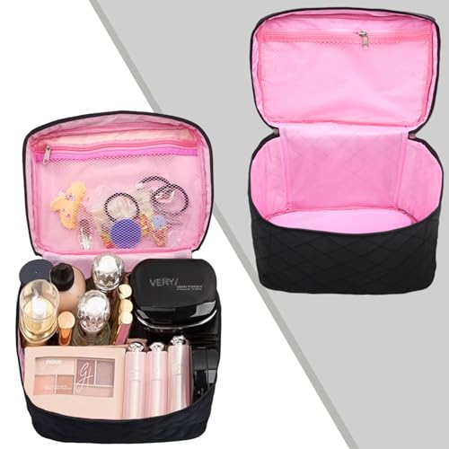 Makeup Bag Cosmetic Travel Bag Large Make Up Bag with Handle Zipper Makeup case Waterproof Cosmetic Pouch for Purse Makeup Brush Bags for Women Girls-Black