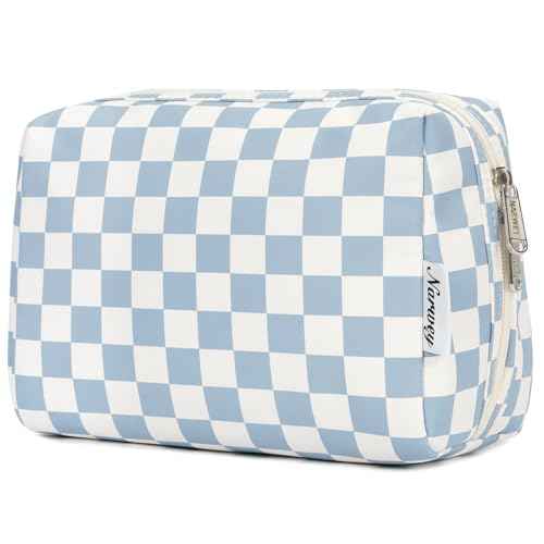 Narwey Checkered Makeup Bag Travel Cosmetic Bag Organizer Toiletry Bag Make Up Bags with Compartments for Women Girls((Large, Sky Blue Checkerboard)