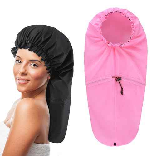 2 Pcs Large Shower Cap for Braids, Extra Long Shower Cap for Women Long Hair & Locs, Waterproof Hair Bonnets for Dreadlocks Drawstring Bath Caps for Women & Men (Black, Pink)