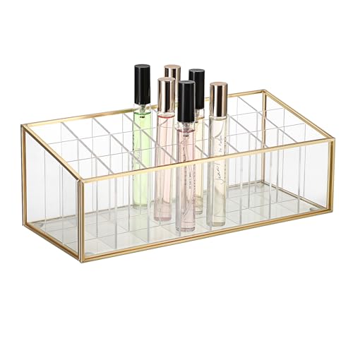 ELLDOO Rollerball Perfume Organizer, 24 Acrylic Spaces Glod Glass Perfume Storage Holder Beauty Scent Holder, Makeup Lipgloss Lipstick Display Case