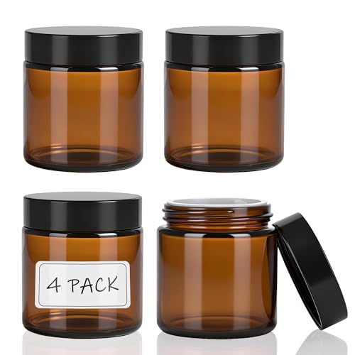 4oz Amber Glass Jars with Lids, 4 Pack | UV-Blocking Cosmetic Containers