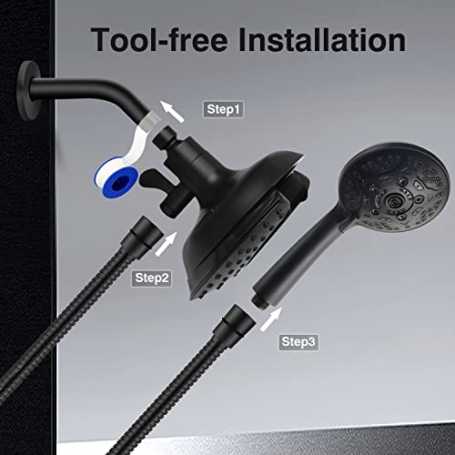 Shower Head with Handheld High Pressure: 2-IN-1 Shower Head with 7.2" Rainfall Shower Head & Handheld Shower Head with Hose Black