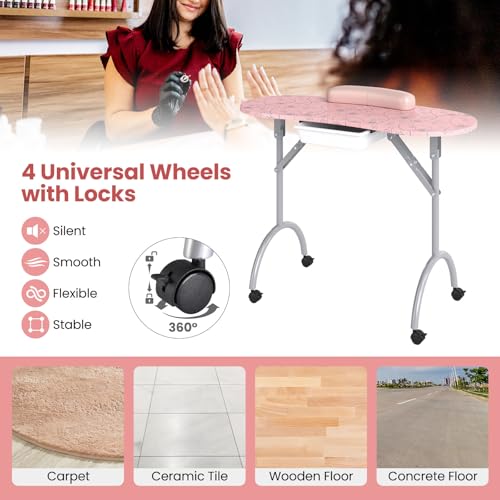 Foldable Portable Nail Table with Lockable Wheels & Carrying Bag