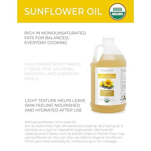 velona USDA Certified Organic Sunflower Oil - 1 Gallon / 128 Fl Oz | 100% Pure and Natural Carrier Oil | High Oleic, Refined| Cooking, Skin, Hair, Body & Face Moisturizing