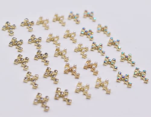 LIFOOST 30pcs Cross Nail Charms for Nail Art Accessory 3D Gold Cross Jewelrys Nail Studs with Flat Back Crystal Nail Art Rhinestones for Women Acrylic Nails Designs (Gold)