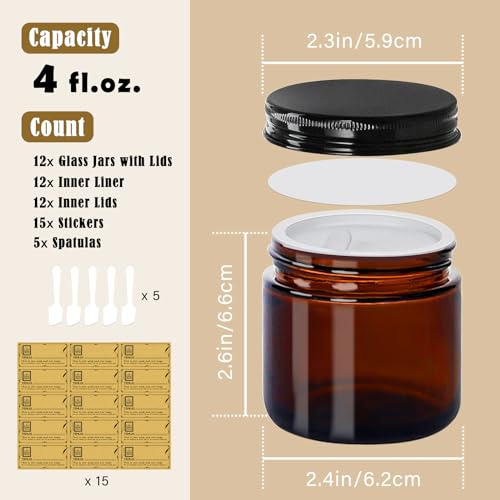 4 oz Glass Jars with Lids,Amber,12 Pack Empty Cosmetic Containers with Inner lids and Inner Liners,Black Metal Lid,Refillable Round Airtight Jars,Use to store Lotion,Powders,Candle Making