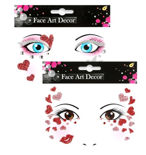 Red Glitter Heart Face Stickers with Rhinestones - 2 Pack