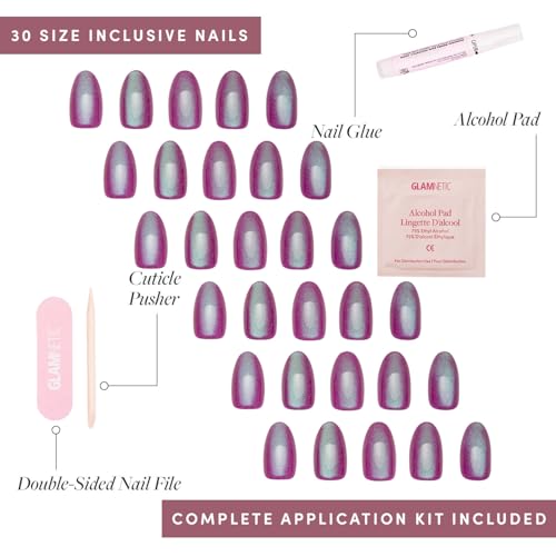 Glamnetic Press On Nails - Berry Fizz Short Oval With Brush On Glue and Remover | Magenta With Metallic Finish, Reusable | 15 Sizes - 30 Nail Kit