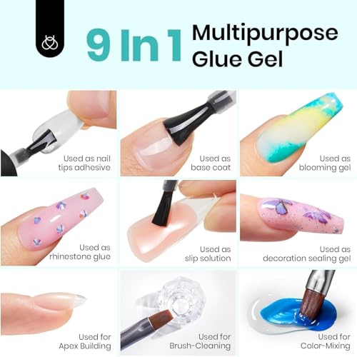 9-in-1 Nail Glue Set with No Wipe Base Coat & Top Coat - 15ml