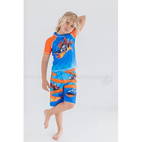Hot Wheels Raglan Rash Guard and Swim Trunks UPF 50+ Outfit Set Toddler to Big Kid Sizes (2T - 10-12)