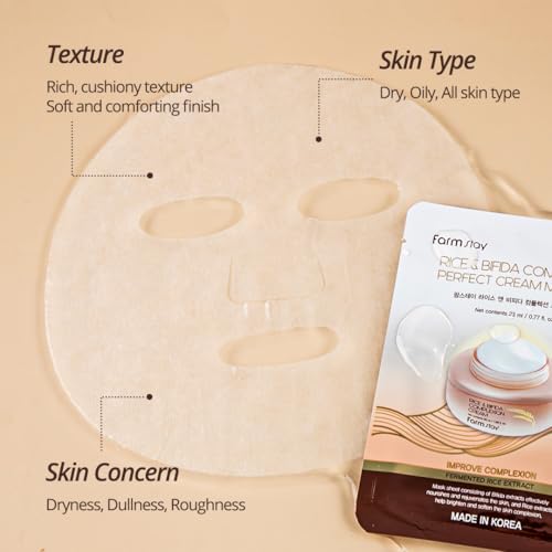 FARMSTAY Rice & Bifida Complexion Perfect Cream Mask with Niacinamide and Hyaluronic Acid, Hydrating & Anti-aging Face Mask Pack, Korean Skin care, for Women & Men, 10 Sheets (0.77 fl. oz Each)