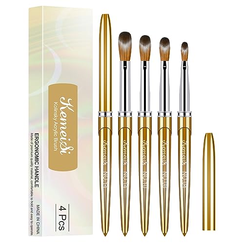 KEMEISI 4-Pack Gold Kolinsky Acrylic Nail Brushes Set - Professional Manicure Tools
