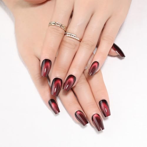 Stbisen Midnight Blaze Burgundy Cat Eye Press On Nails - Medium Coffin, Glossy Fake Nails, Reusable Acrylic, 32 Pcs