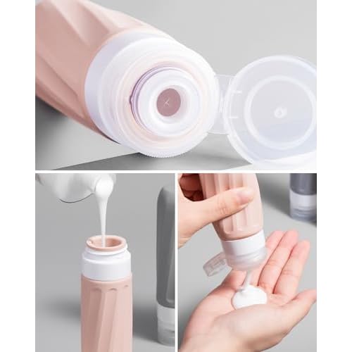 Travel Size Toiletries 8 Pack, TSA Approved 3oz Silicone Squeeze Bottles & Cream Jars with Clear Travel Bag