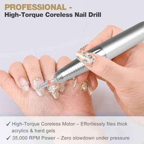 Professional Portable Nail Drill, 2-in-1 AZ GOGO 35000RPM Rechargeable Cordless Electric Nail Drills for Acrylic Gel Nails - 60W Coreless Motor Quieter, High Efficiency Pro E-File for Salon & Home
