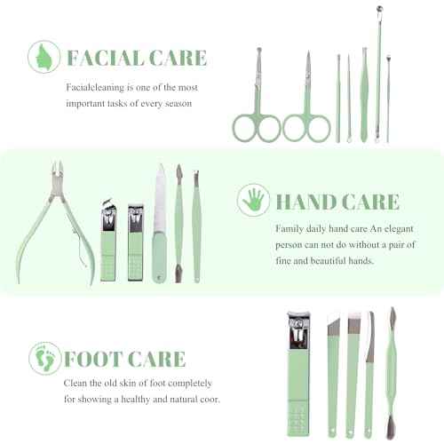 Manicure Set Pedicure Kit Nail Clippers Set Fingernail Clipper Set Ingrown Toenail Nail Kit Scissor Nail Trimmer Kit 18 Pieces Women and Men¡¯s Care Grooming Tools with Fine Case (Tea Green_18 Pieces)