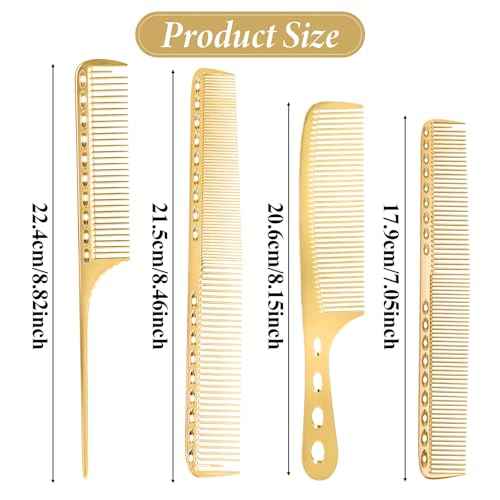 Professional Barber Aluminum Comb Set Metal Combs for Cutting Comb Hair Hairdressing Tail Comb (Golden)