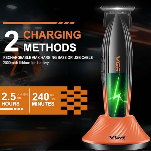 VGR 889T Professional Hair Trimmer for Men, 9000RPM High Speed Cordless Hair Clippers Beard Trimmer with Ceramic & DLC T Blade, Zero Gapped Barber Clippers with USB Charging Base, LED Display
