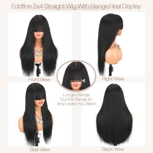 Straight Human Hair Wigs with Bangs 2x4 Lace Closure Wigs Human Hair 180% Density Drawstring Glueless Wigs Human Hair for Women Lace Front Wigs Human Hair Natural Black 22inch.