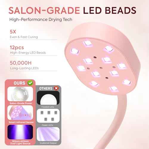 UV LED Nail Lamp, Gooseneck Gel X Mini Flash Cure Lamp, 36W Cordless Portable USB Rechargeable Nail Dryer with Auto Sensor, 4 Timers & LCD Display for DIY Home Manicure (Pink)