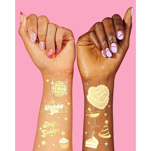 xo, Fetti Golden Birthday Temporary Tattoos - 50 gold styles | Birthday Party Decorations, Fun Birthday Girl Party Favors, HBD, Older Wiser Hotter, Fifty and Fabulous, Funny Bday Gift