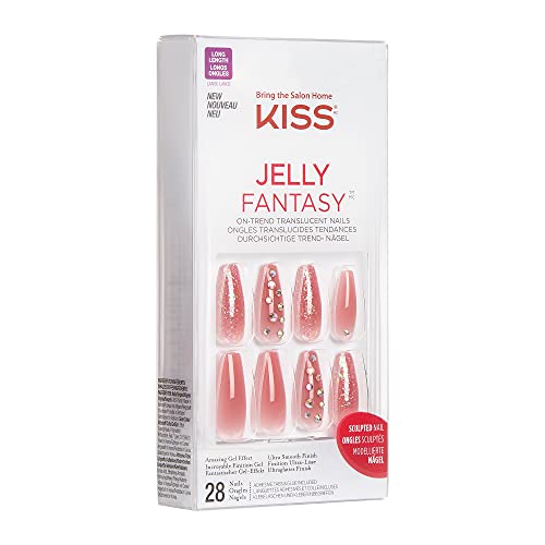 KISS Jelly Fantasy On-Trend Translucent Nails, Long Sculpted Glue-On/Press-On Fake Nails Kit, “Be Jelly”, with Pink Gel Nail Glue, 24 Mega Adhesive Tabs, Mini File, Manicure Stick, & 28 (Pack of 2)