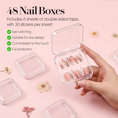 48 Sets Clear Press-On Nail Storage Boxes with Adhesive Tape