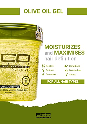 Eco Style ECOCO Style Gel Olive Oil-100% Pure Olive Oil-Adds Shine And Tames Split Ends-Weightless Style-Nourishes And Repairs-Adds Moisture To The Scalp-Superior Hold-Healthy Shine-16 Oz