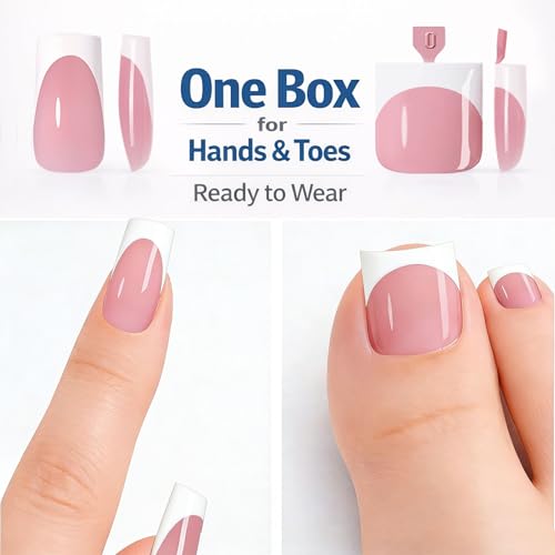 Press on Nails & Toenails, 60Pcs 2-in-1, Glossy White French Tip