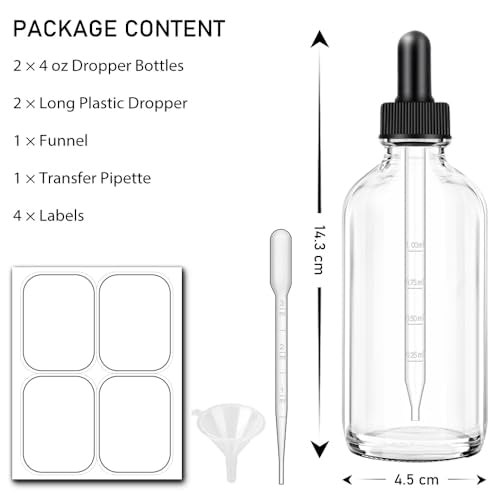 2 Pack 4oz Clear Glass Dropper Bottles for Essential Oils