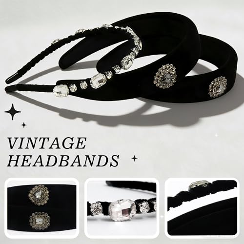 Luxury Black Velvet Headbands Set with Rhinestones & Crystal Hair Accessories for Weddings & Parties
