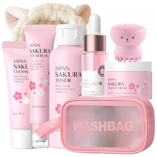 Japan Sakura Skincare Kit Gifts For Teen Girls - Gentle & Hydrating Kids Skin Care Set For Girls Ages 8-12 - Skin Care For Teens 10-12 - Teen Facial Kit With Bunny Headband