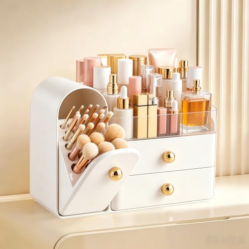 HBlife Makeup Organizer with Drawers & Brush Holder - White & Gold