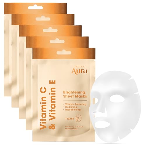 Vitamin E & Vitamin C Sheet Mask ? Dermatologist Tested, Anti Aging, Korean Skin Care ? Deep Hydration, Softens Fine Lines, Fades The Look Of Dark Spots ? Vegan, Clean Beauty ? 5 Count