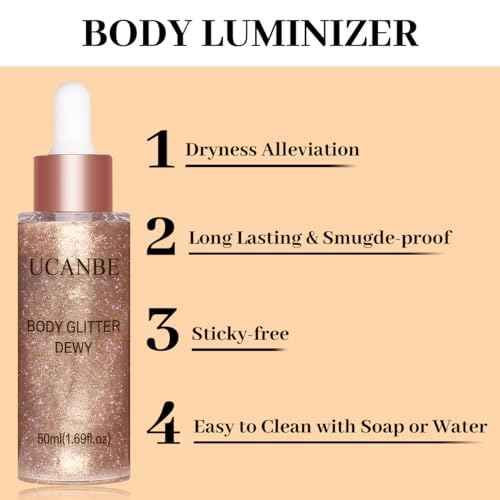 UCANBE Hydrating Body Glitter Dewy Highlighter Makeup Luminizer Drops Body Shimmer Liquid Face Glow Sparkles for Women Gifts (Rose Gold - 03)