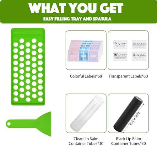 Lip Balm Tubes with Filling Tray and Spatula, 60 Empty Lip Balms Containers with Caps (Clear+Black), 60 Writeable and 60 Printed Stickers, BPA Free, Make Natural Lip Balm Kit for DIY