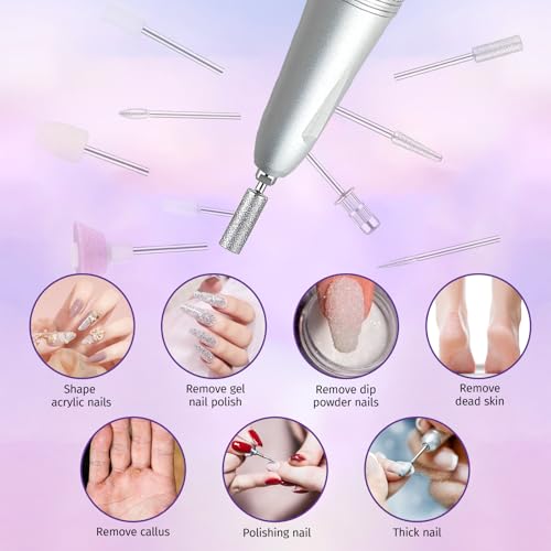 Nail Drill Professional Electric 35000RPM Nail Drill Kits Purple Portable Nail E File Machine with Bits & Base for Acrylic Gel Nail Polish Remover Cordless Rechargeable Nails Manicure for Salon Home