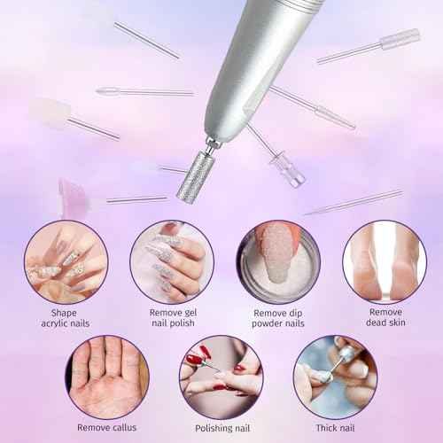 Professional Nail Drill Electric 35000RPM Pink Nail File for Acrylic Gel Nails Polish Removing Portable Cordless Rechargeable Nail Drill Kit with Base for Home Salon Manicure Pedicure