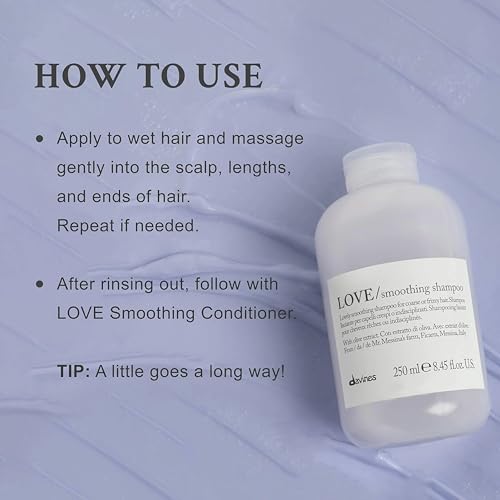 Davines LOVE Smoothing Shampoo, Taming Anti-Frizz Gentle Cleansing Action for Wavy, Unruly, Coarse Hair - Gives Shine, Elasticity, Softness, and a Sleek Smooth Look with Olive Extract, 8.45 Fl Oz