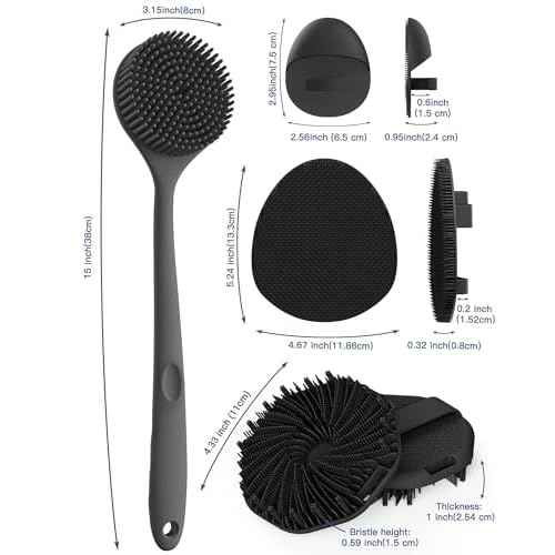 Manmihealth Silicone Back Scrubber & Soft Bath Glove, Silicone Scalp Massager Set 5 PCS, Super-Exfoliating Body Scrubber Shower Brush & Shampoo Brush Combination, with 2 Free Hooks (Style 1 Black)
