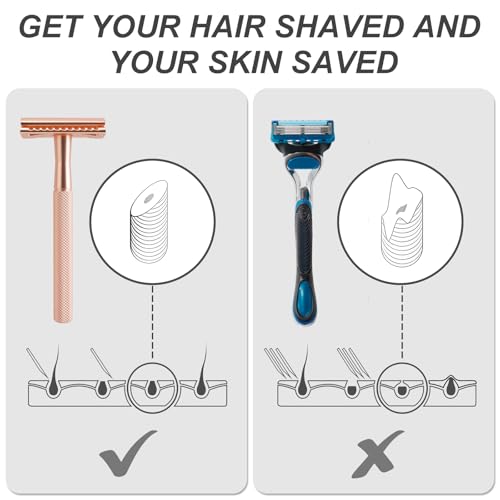 Safety Razor for Men & Women - Double Edge Single Blade Razor with 10 Blades, Reusable One Blade Razor for Close Shave (Mens & Womens Razor, Eco-Friendly)-Rose gold