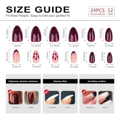 Burgundy Floral Press On Nails with French Tips - 24PCS